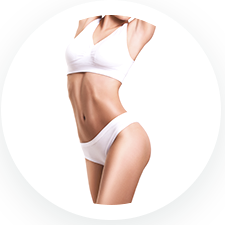 A woman in white underwear is shown from neck to upper thighs. She is posing with her arms raised and crossed above her head against a white background.